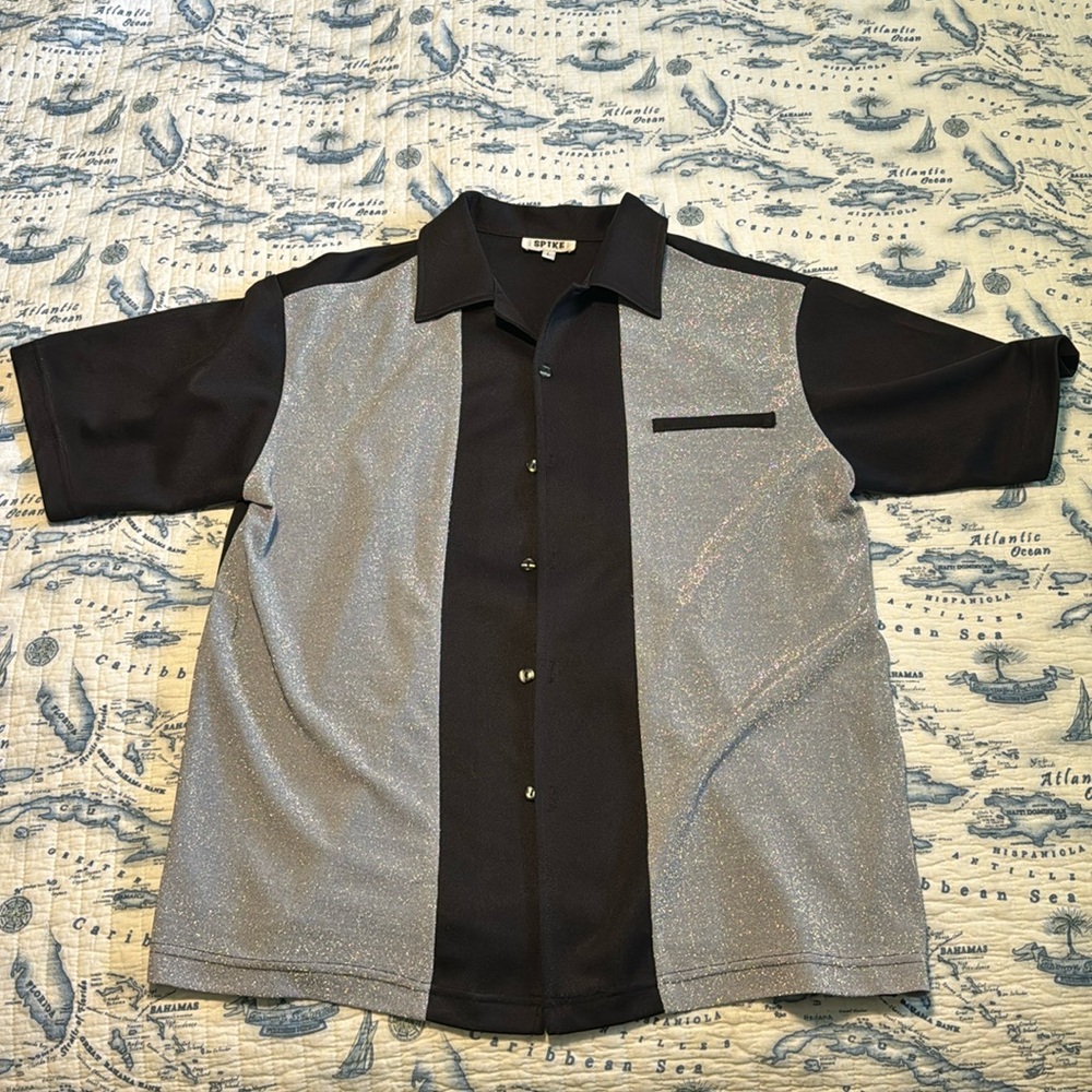 Vintage Y2K sopranos bowling shirt black and silver shimmer sparkle men’s L